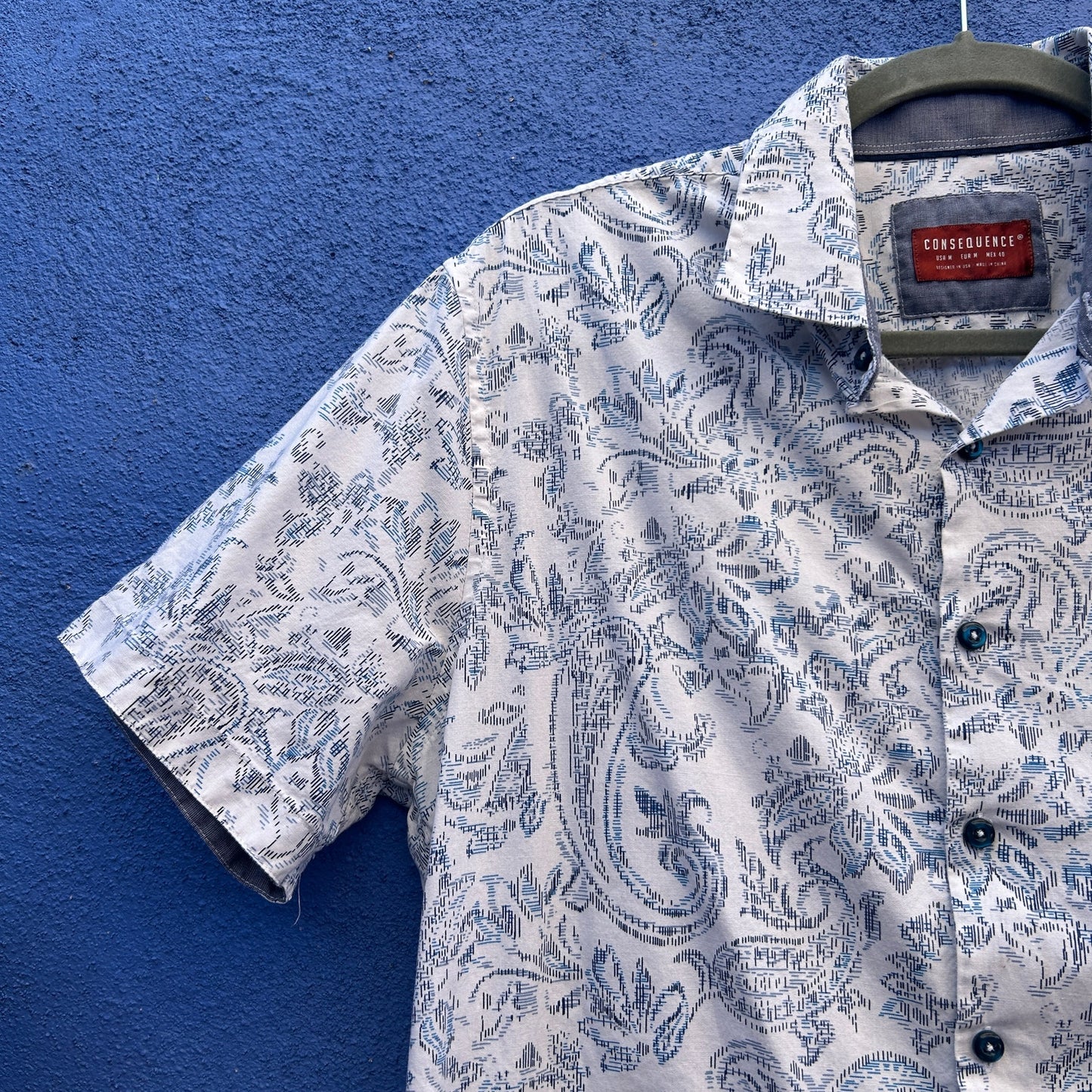 consequence men's blue and white button down