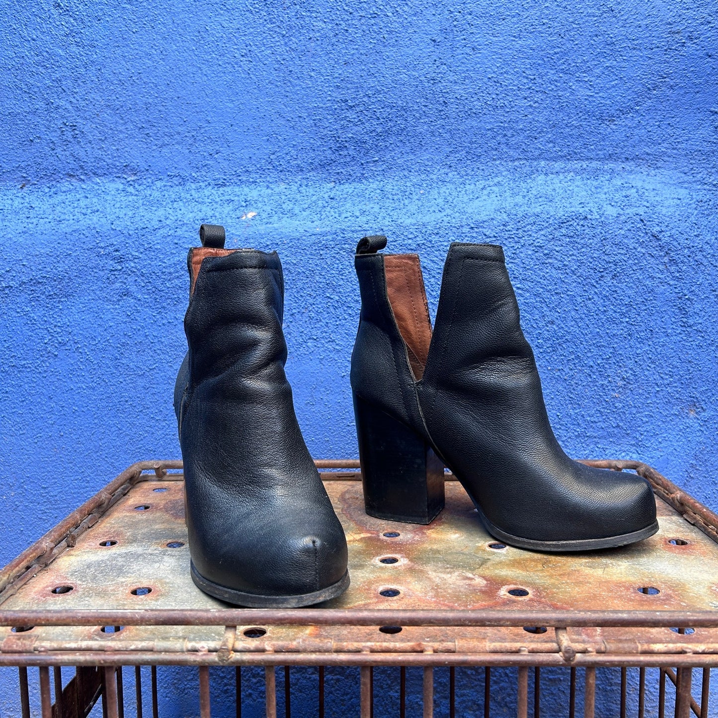 jeffrey campbell black leather block heel ankle bootie