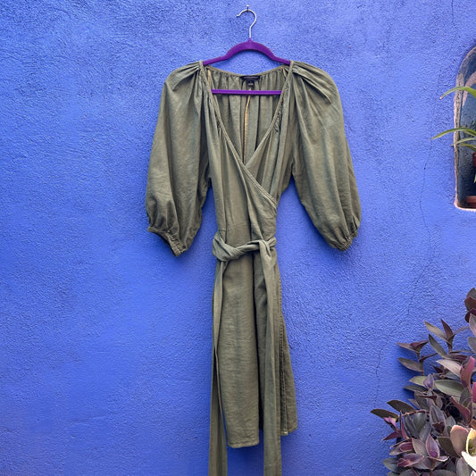 banana republic green cotton balloon sleeve wrap dress