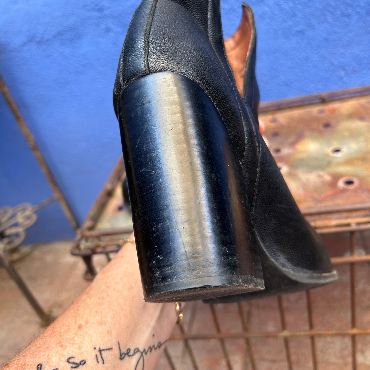 jeffrey campbell black leather block heel ankle bootie