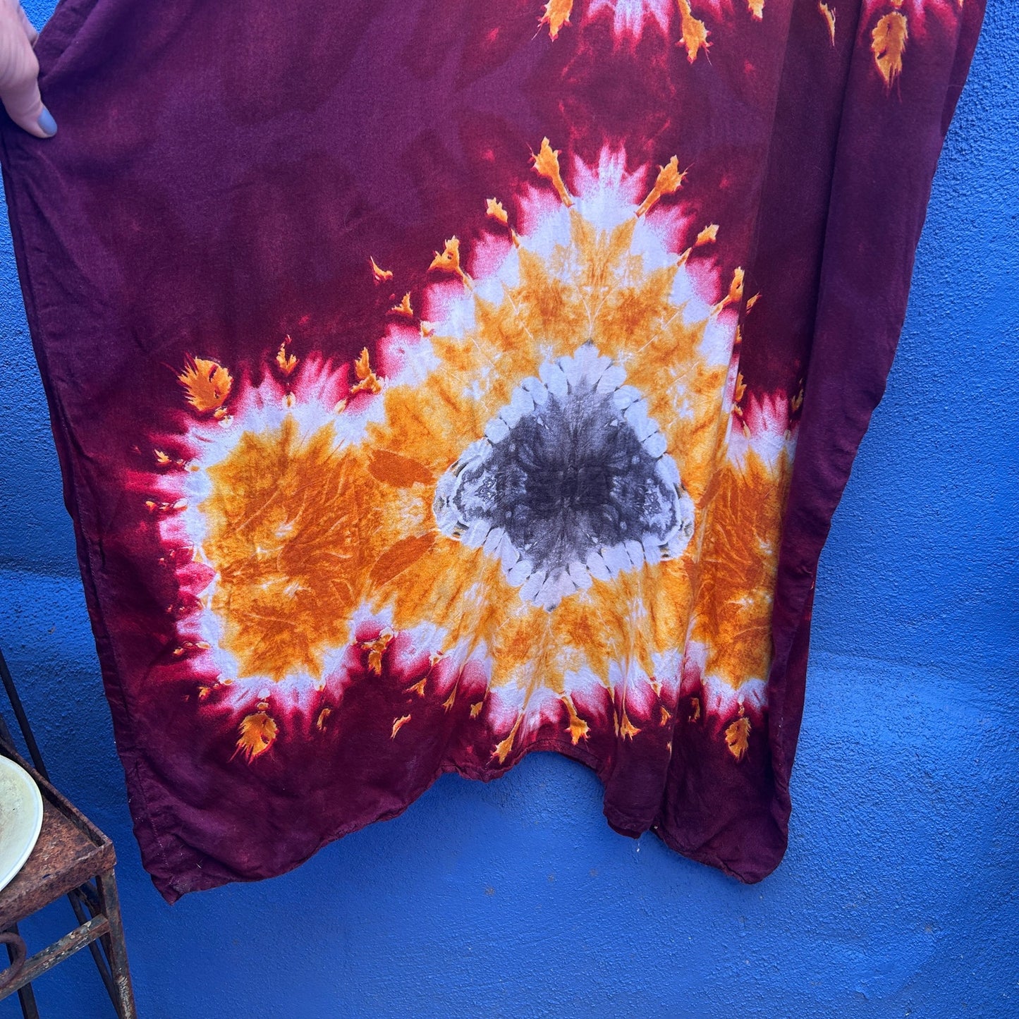 burgundy and goldenrod tie dye maxi dress