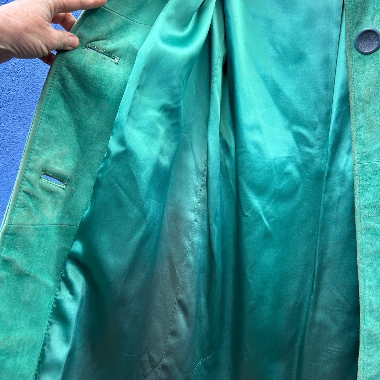 vintage teal suede and fur trench