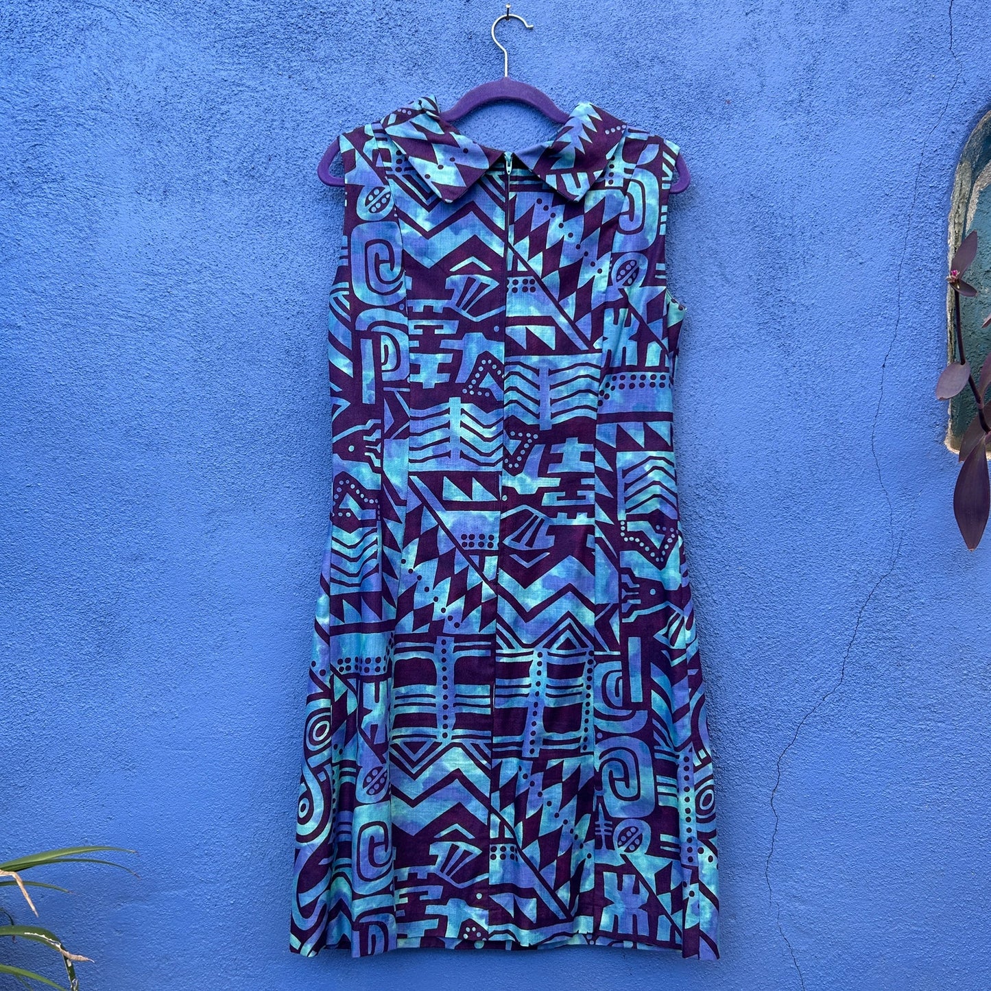 vintage 60s cotton batik tiki print mock neck sleeveless cocktail dress
