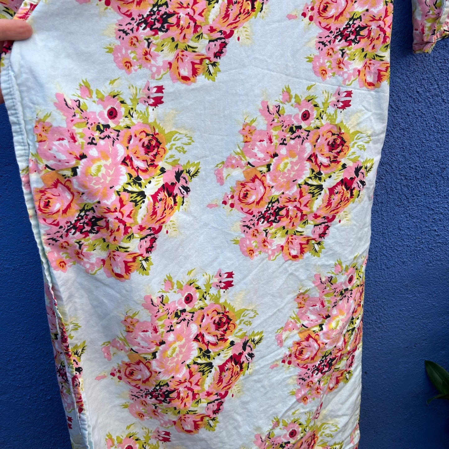 blue and pink cotton floral print robe duster