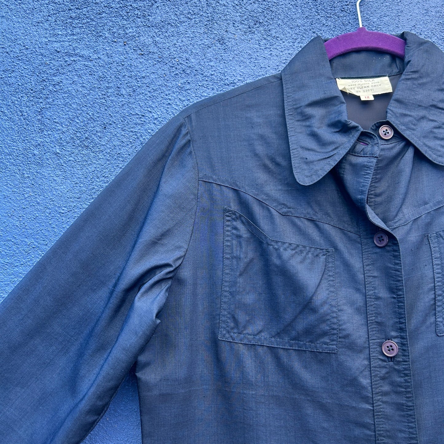 vintage navy 100% silk button front shift dress