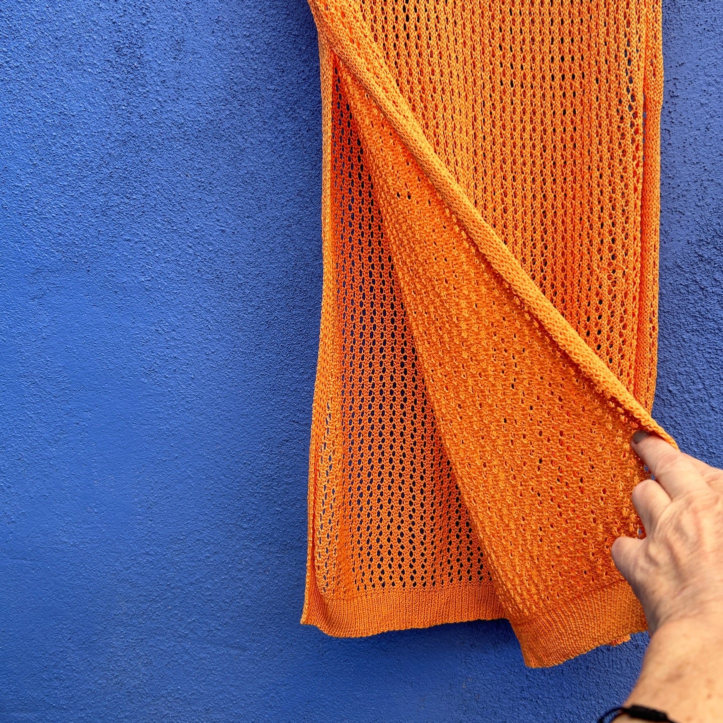 orange loose knit midi skirt