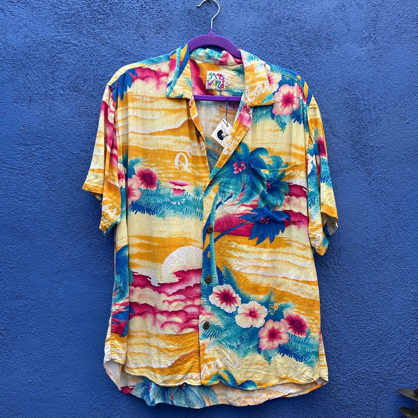 vintage 80s jams world tropical print rayon button up