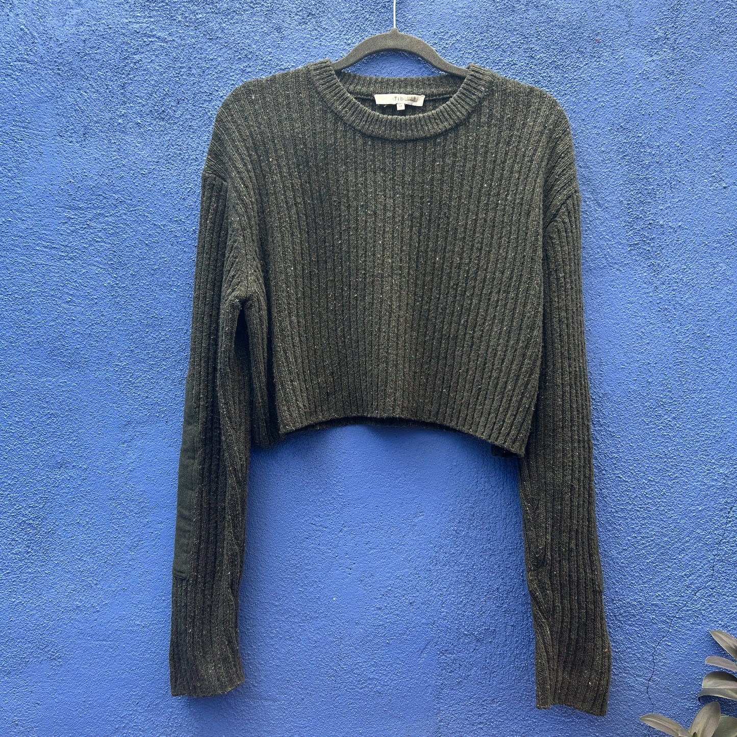 tibi cropped army green ribbed knit sweater