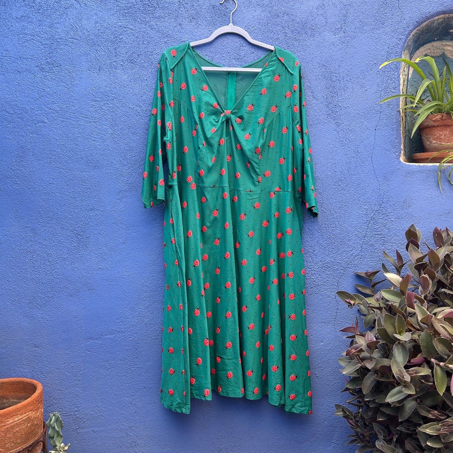 vintage vibe ladybug print long sleeve midi dress