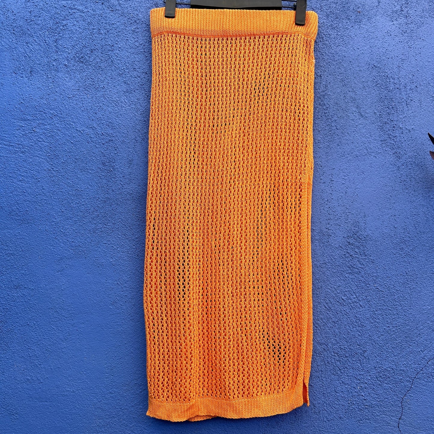 orange loose knit midi skirt