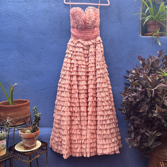 vintage handmade pink tiered strapless cocktail prom gown