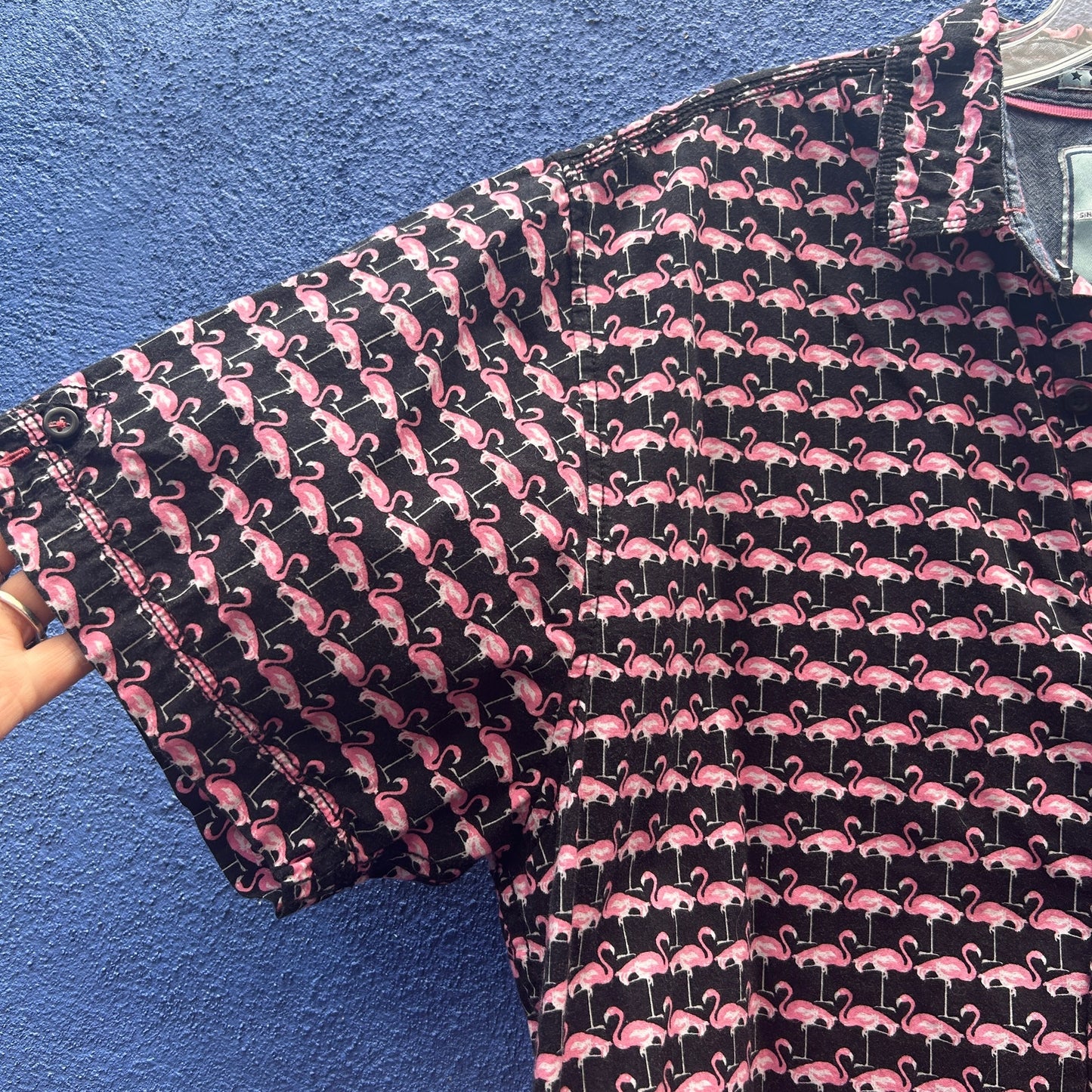 good vibes slim fitting pink flamingo short sleeve button up