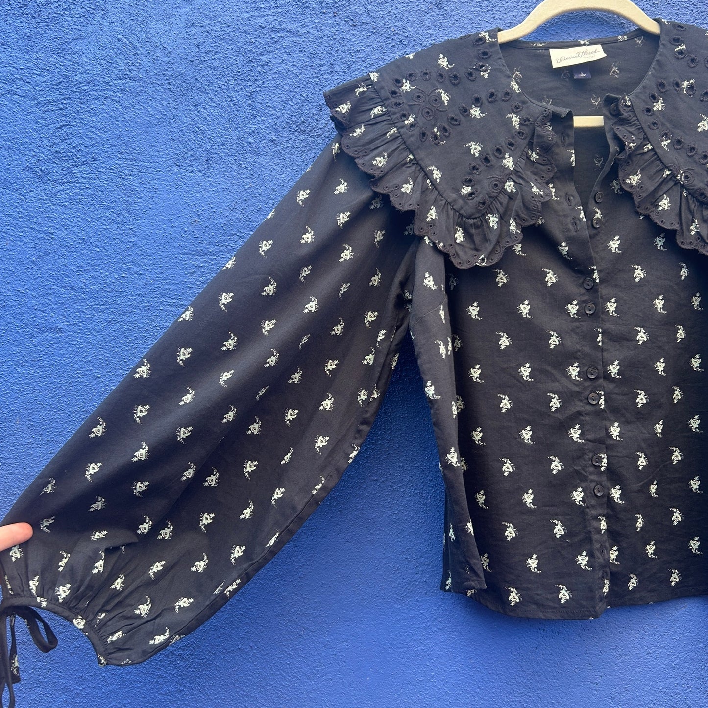 peter pan collar eyelet lace balloon sleeve button up cotton blend top