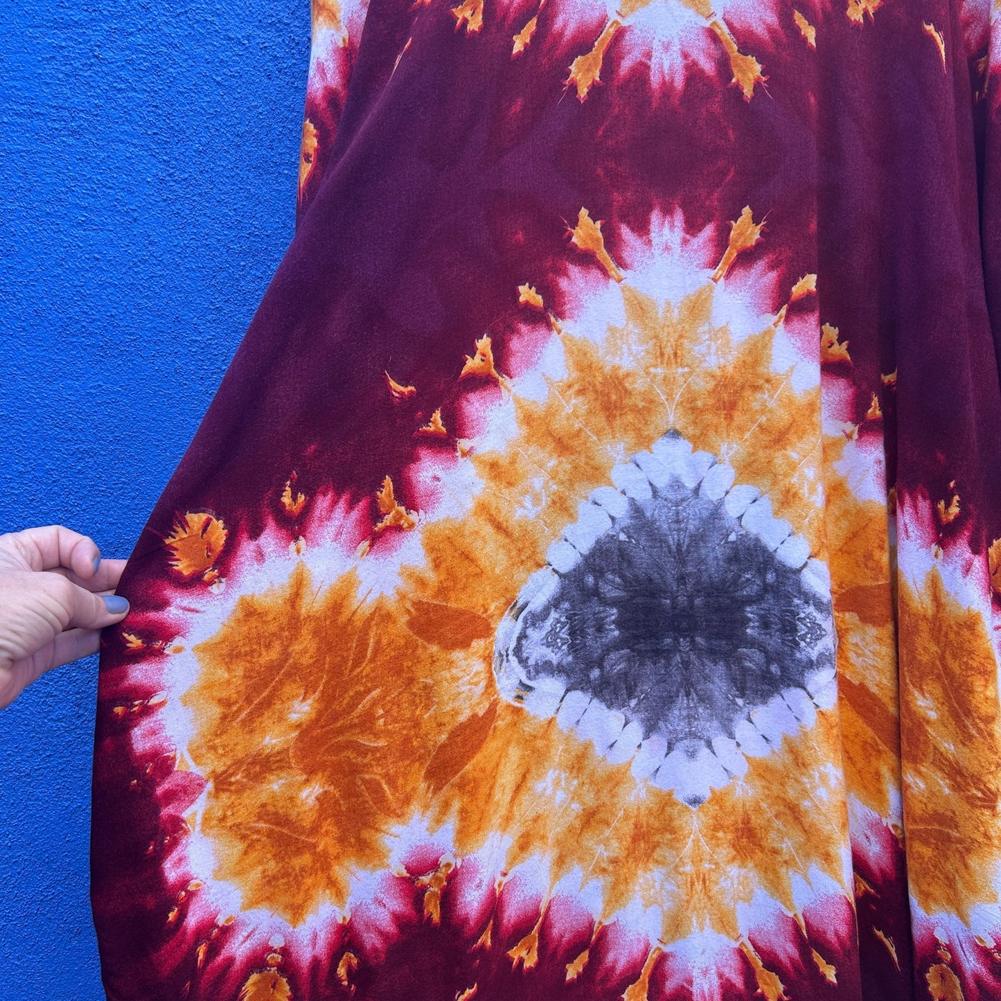 burgundy and goldenrod tie dye maxi dress