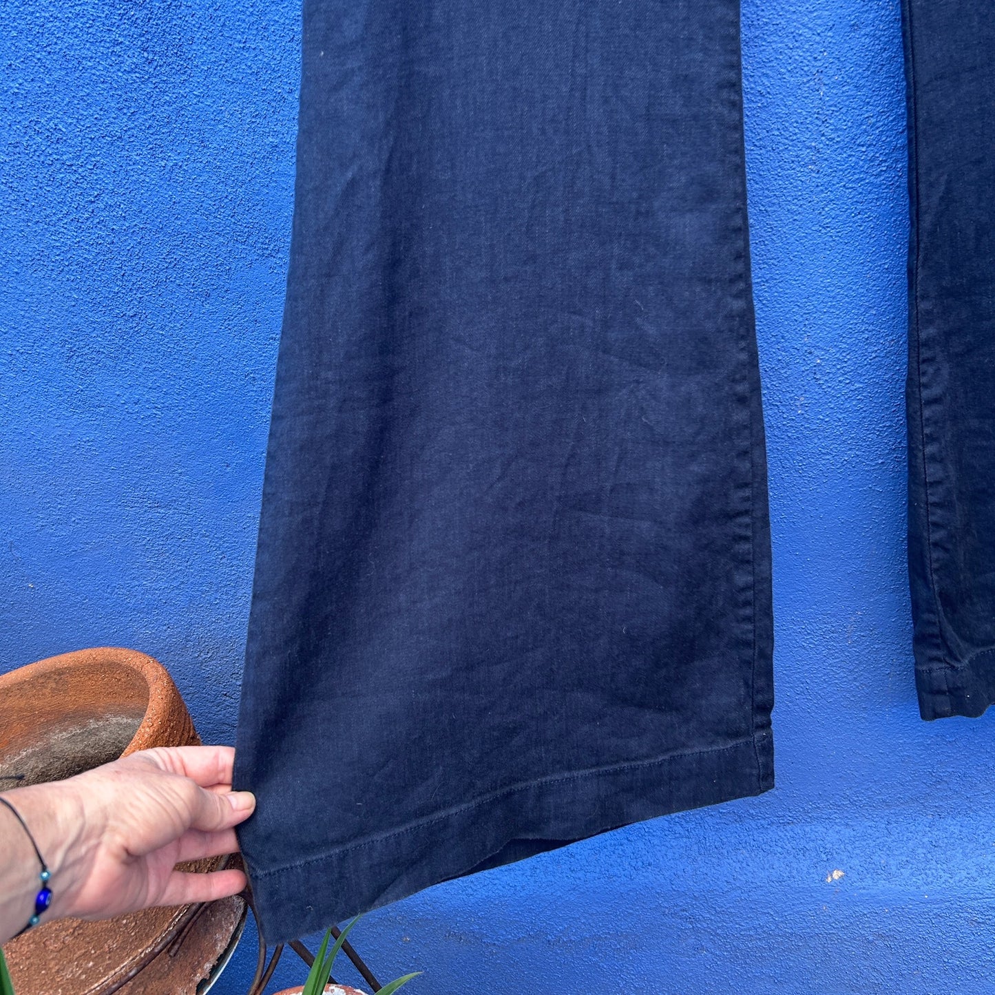 by anthropologie navy linen blend belled leg trousers