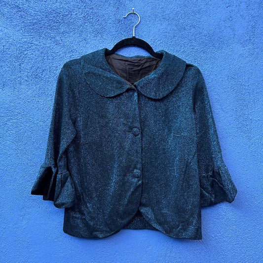 Vintage 60s Blue Metallic 3/4 Sleeve Cropped Cocktail Jacket
