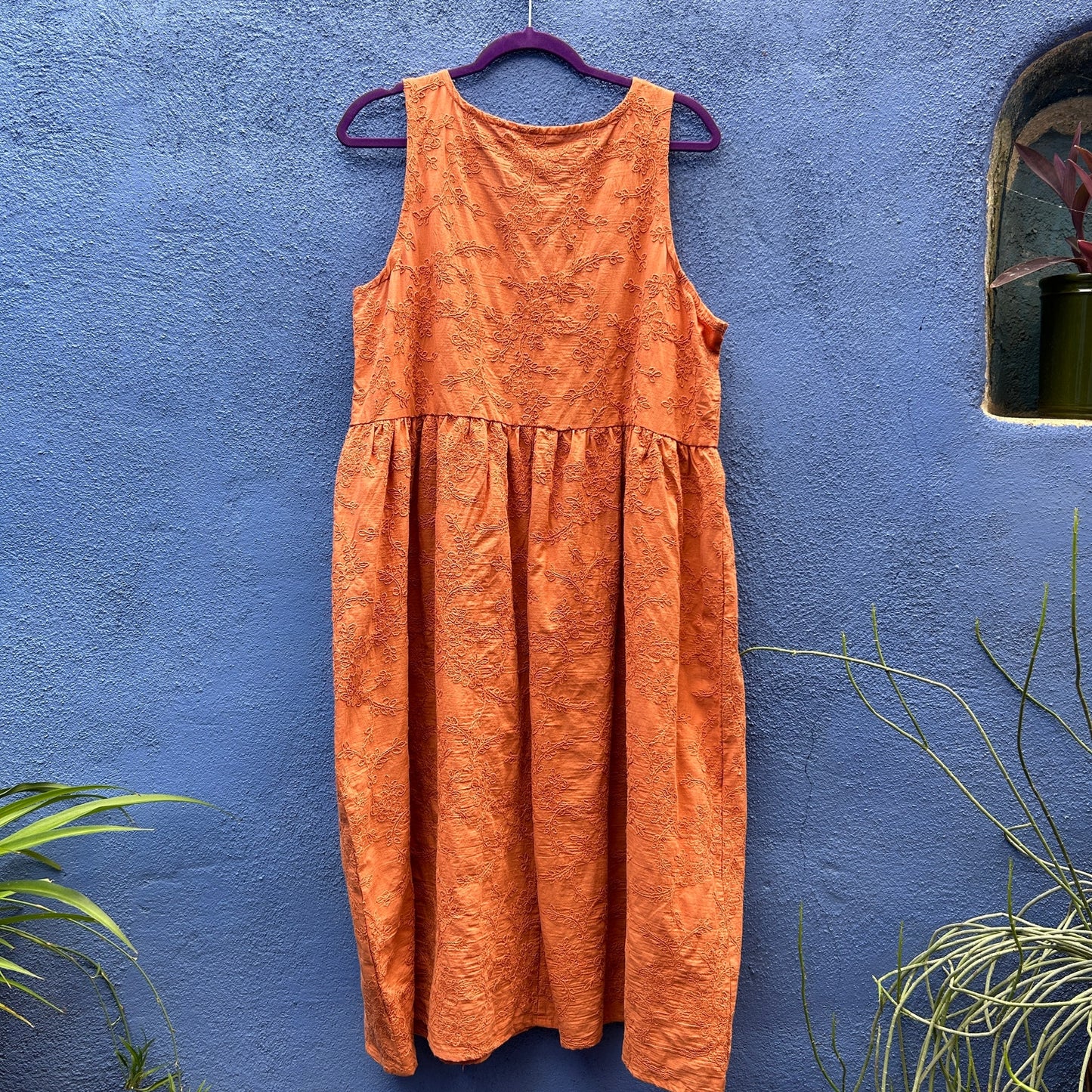 burnt orange embroidered sleeveless cotton market dress