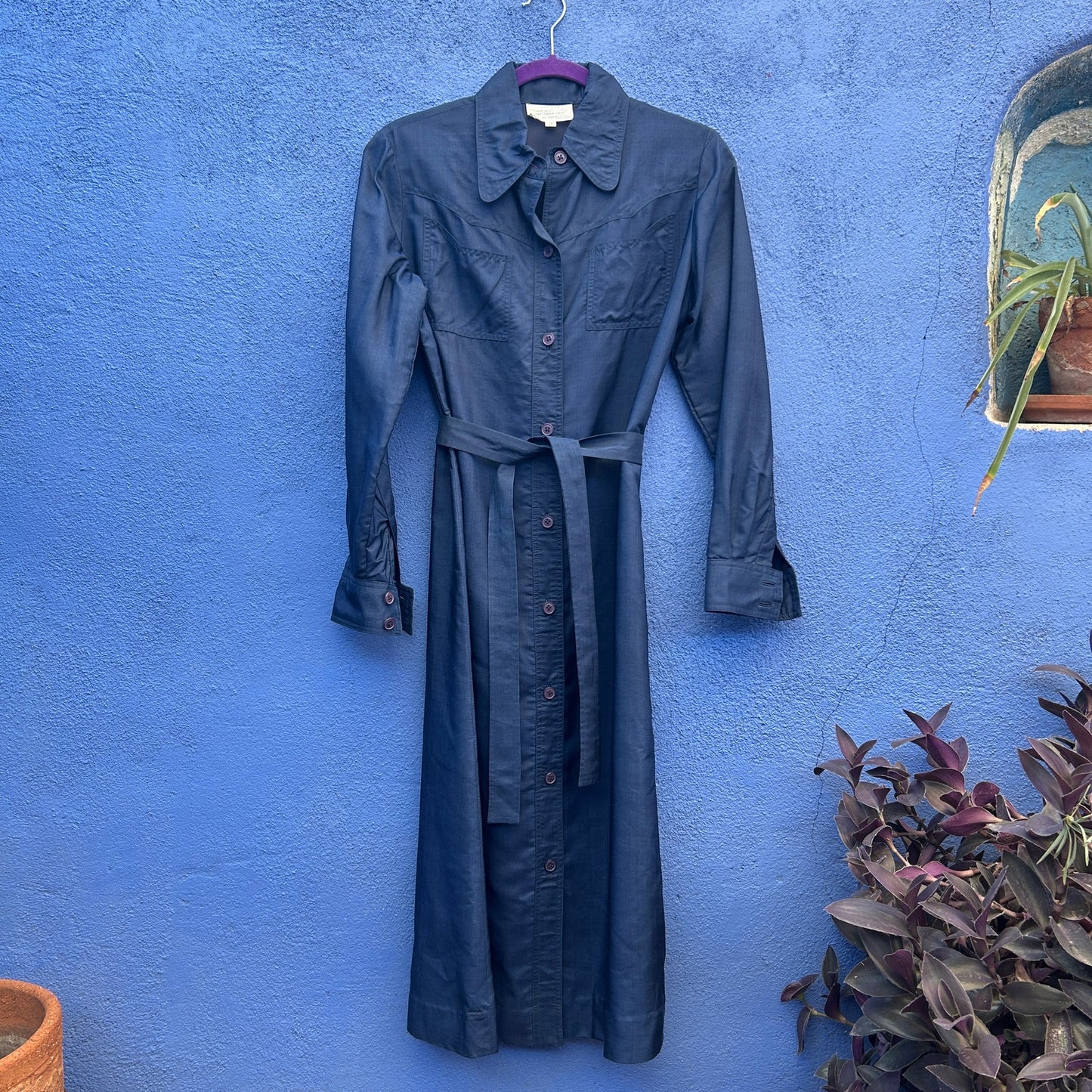 vintage navy 100% silk button front shift dress