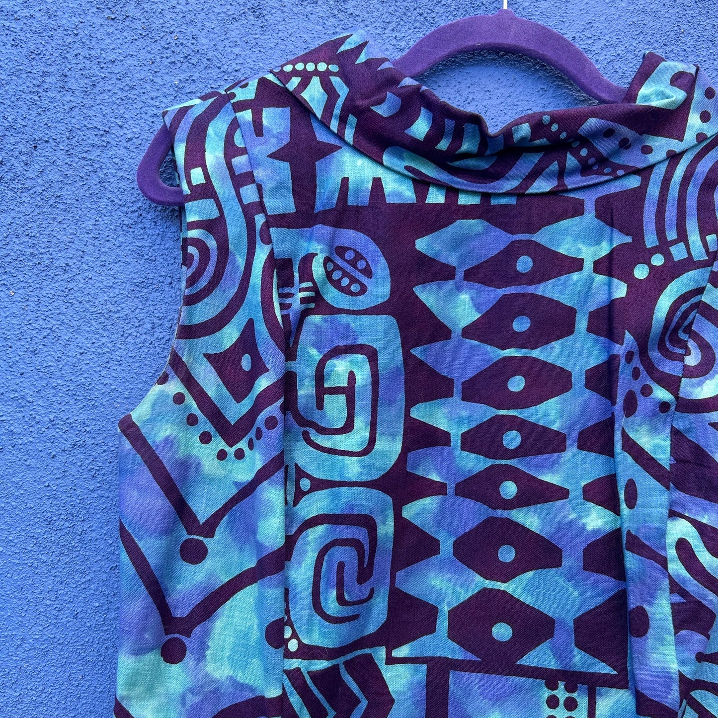 vintage 60s cotton batik tiki print mock neck sleeveless cocktail dress