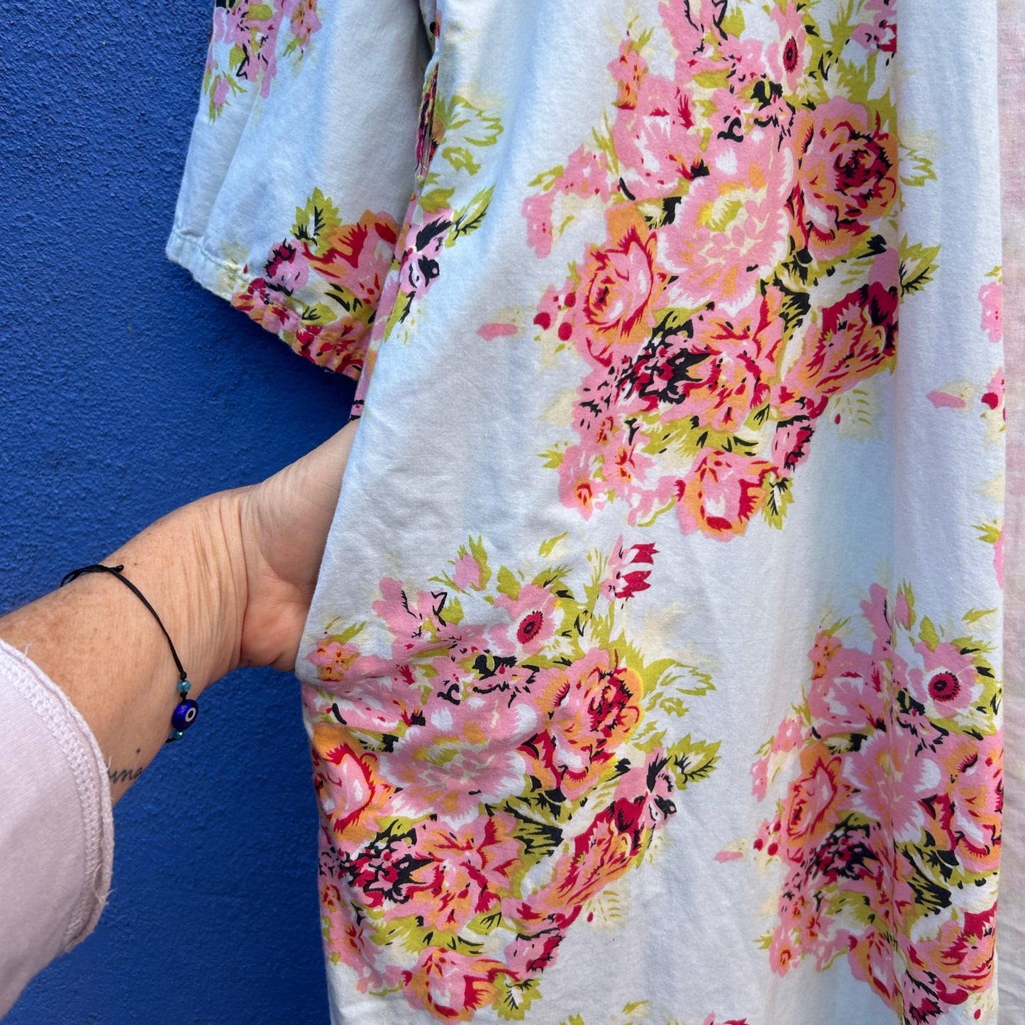 blue and pink cotton floral print robe duster