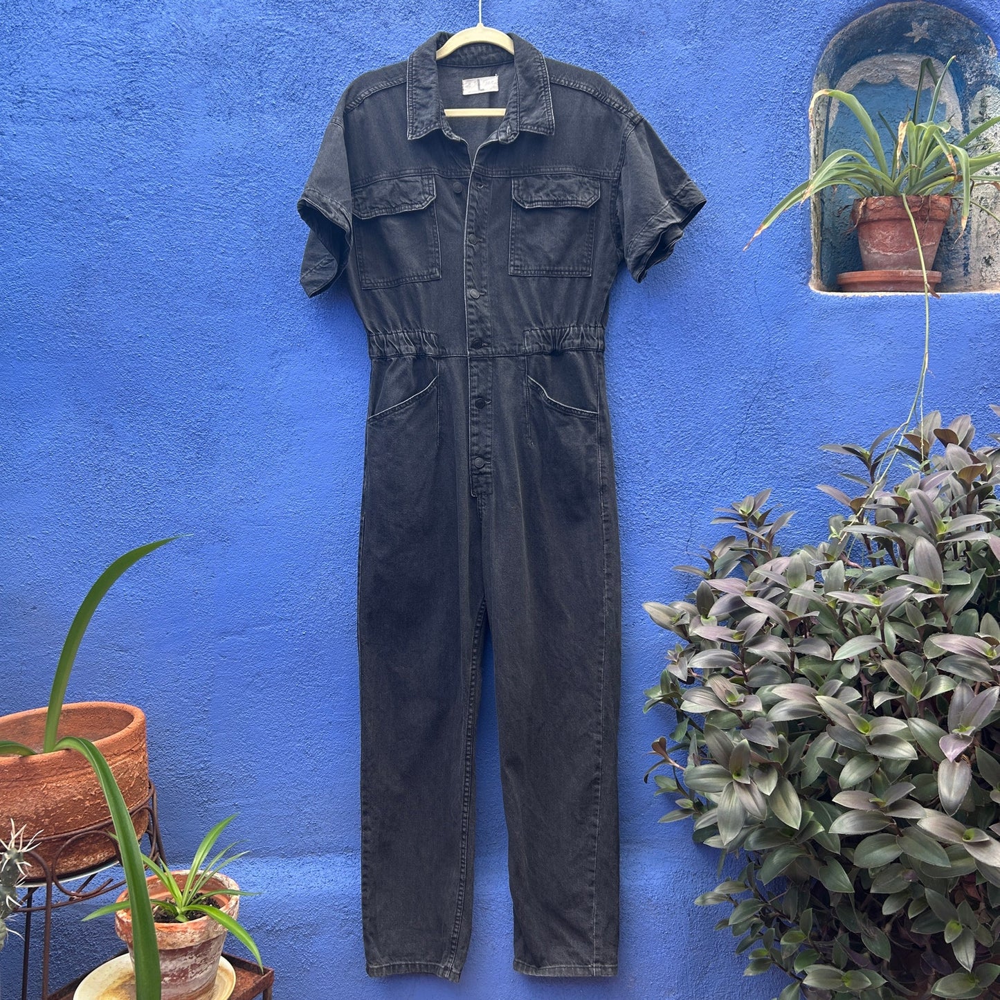 we the free black denim short sleeve jumpsuit