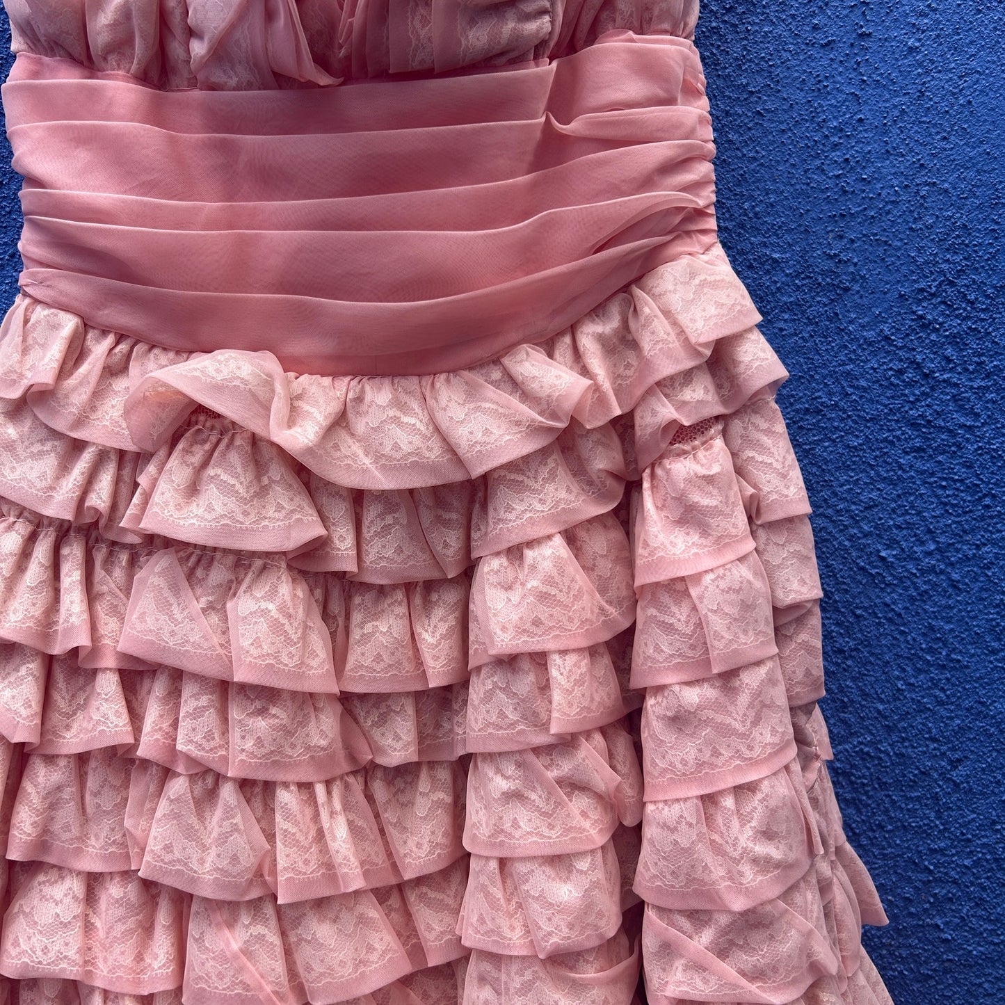 vintage handmade pink tiered strapless cocktail prom gown