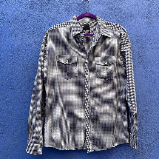 cotton on men's blue and white check button up shirt