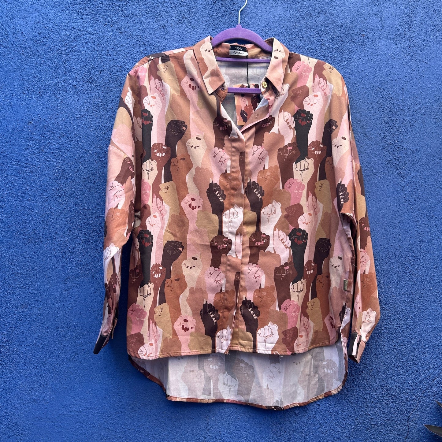 peseta skins print protest fist button up - NWT