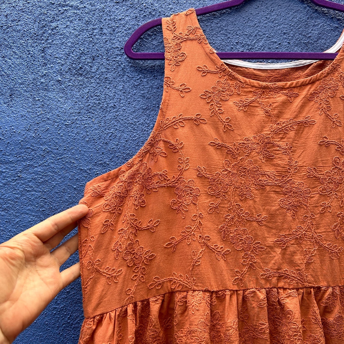 burnt orange embroidered sleeveless cotton market dress