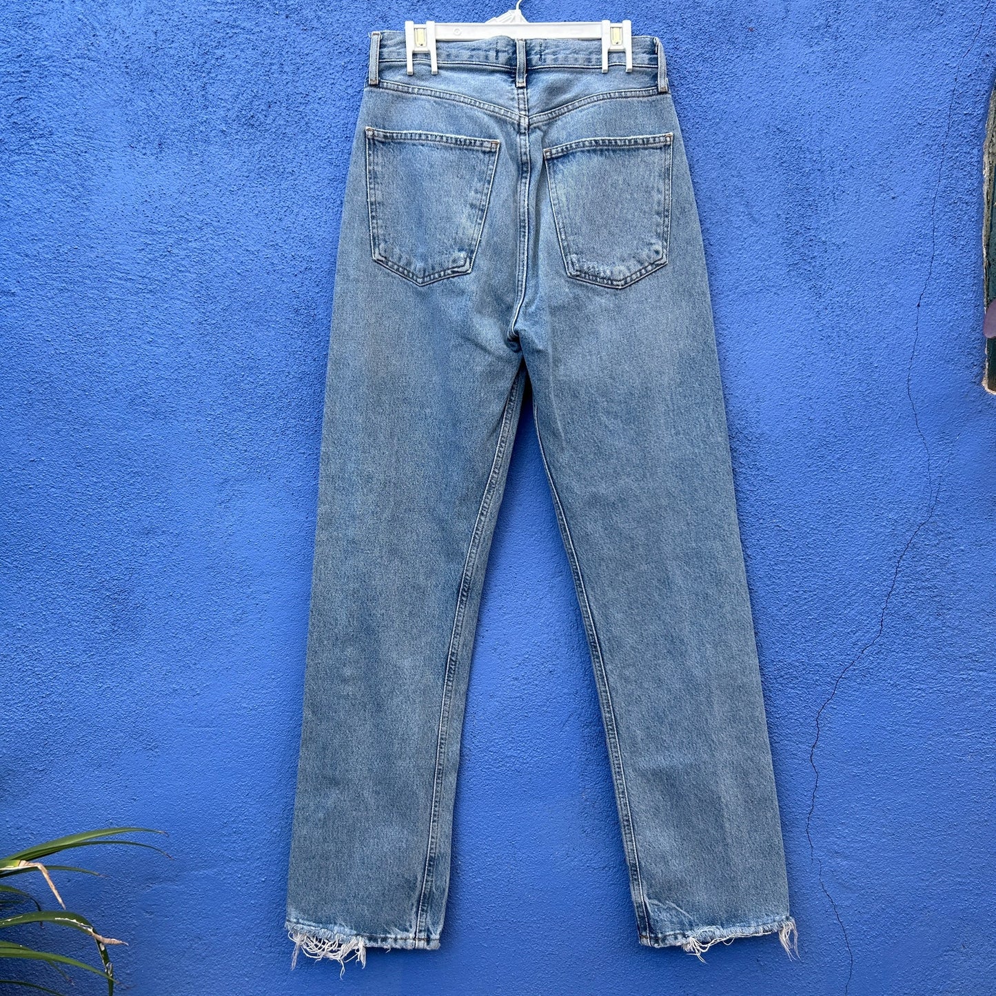 agolde light wash high rise organic cotton straight leg distressed jean