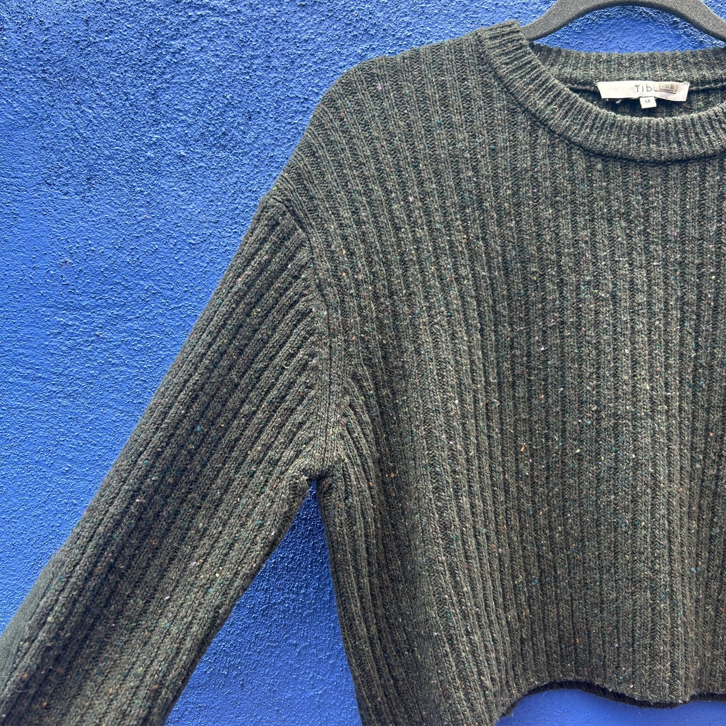 tibi cropped army green ribbed knit sweater