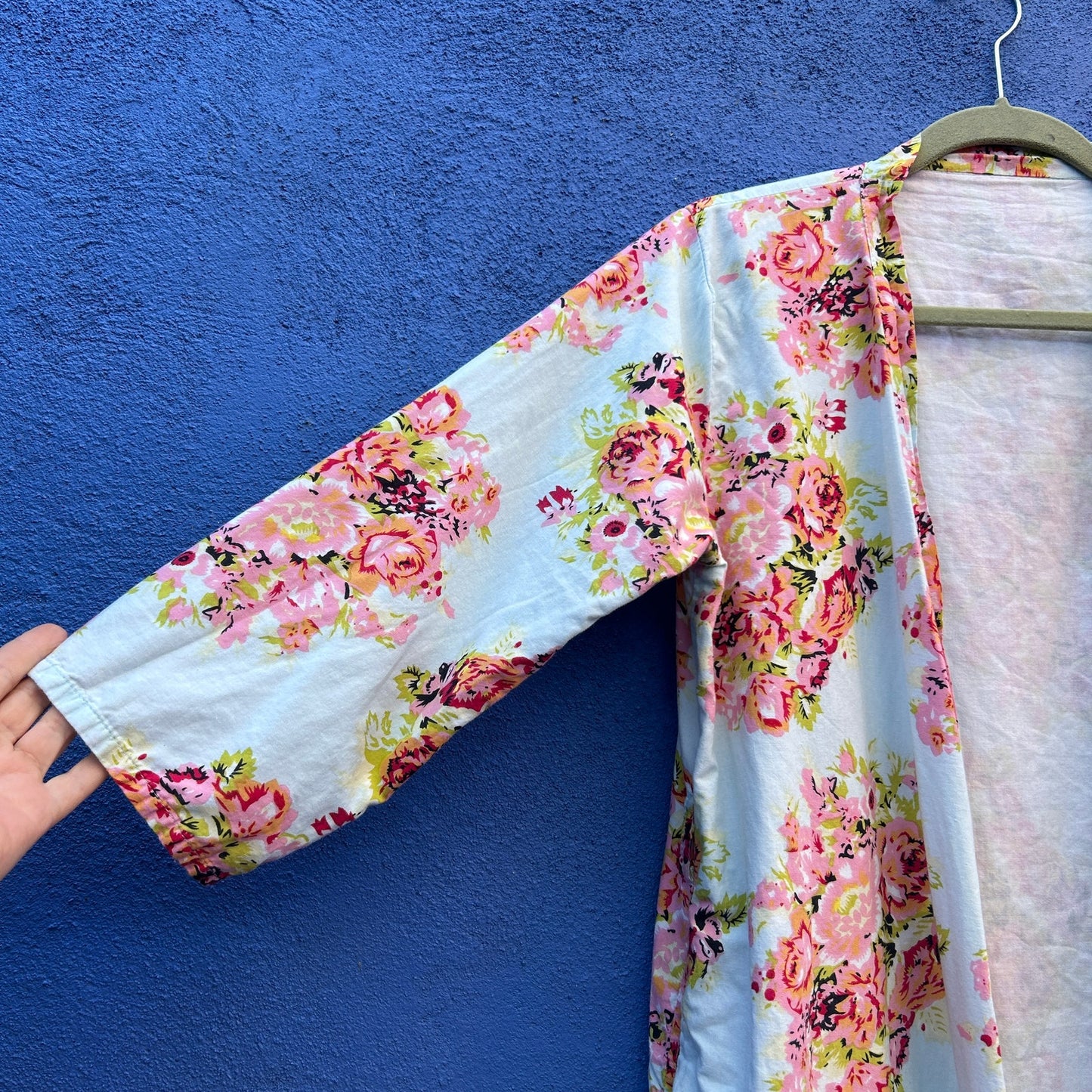 blue and pink cotton floral print robe duster