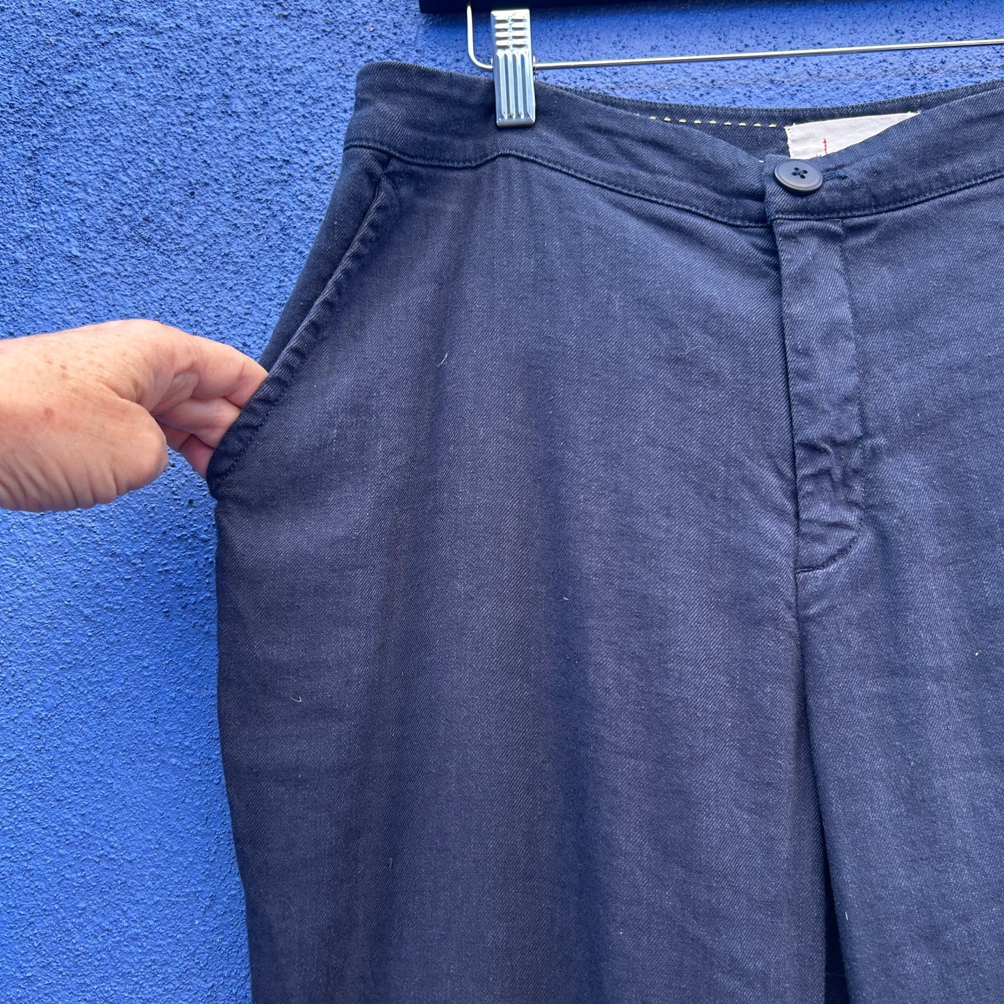 by anthropologie navy linen blend belled leg trousers