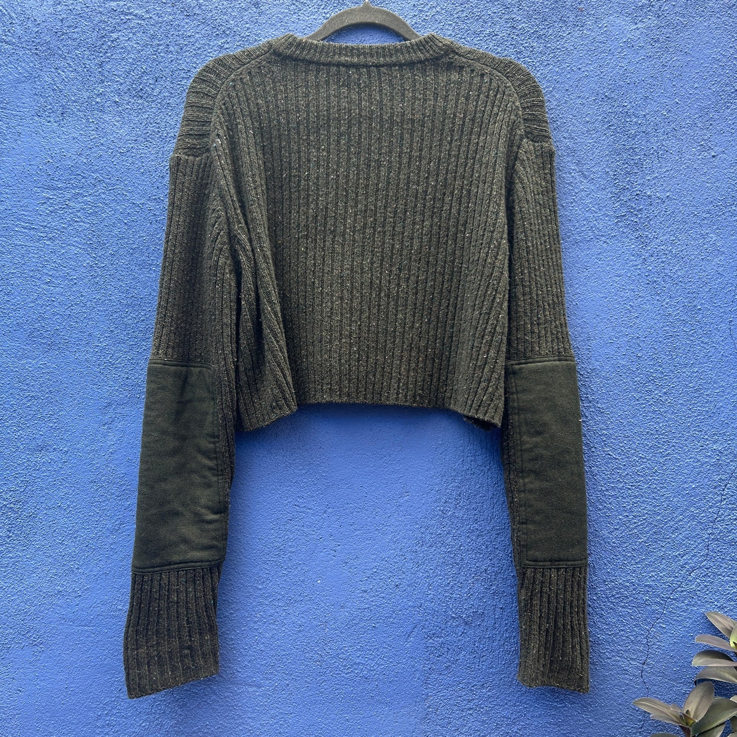 tibi cropped army green ribbed knit sweater