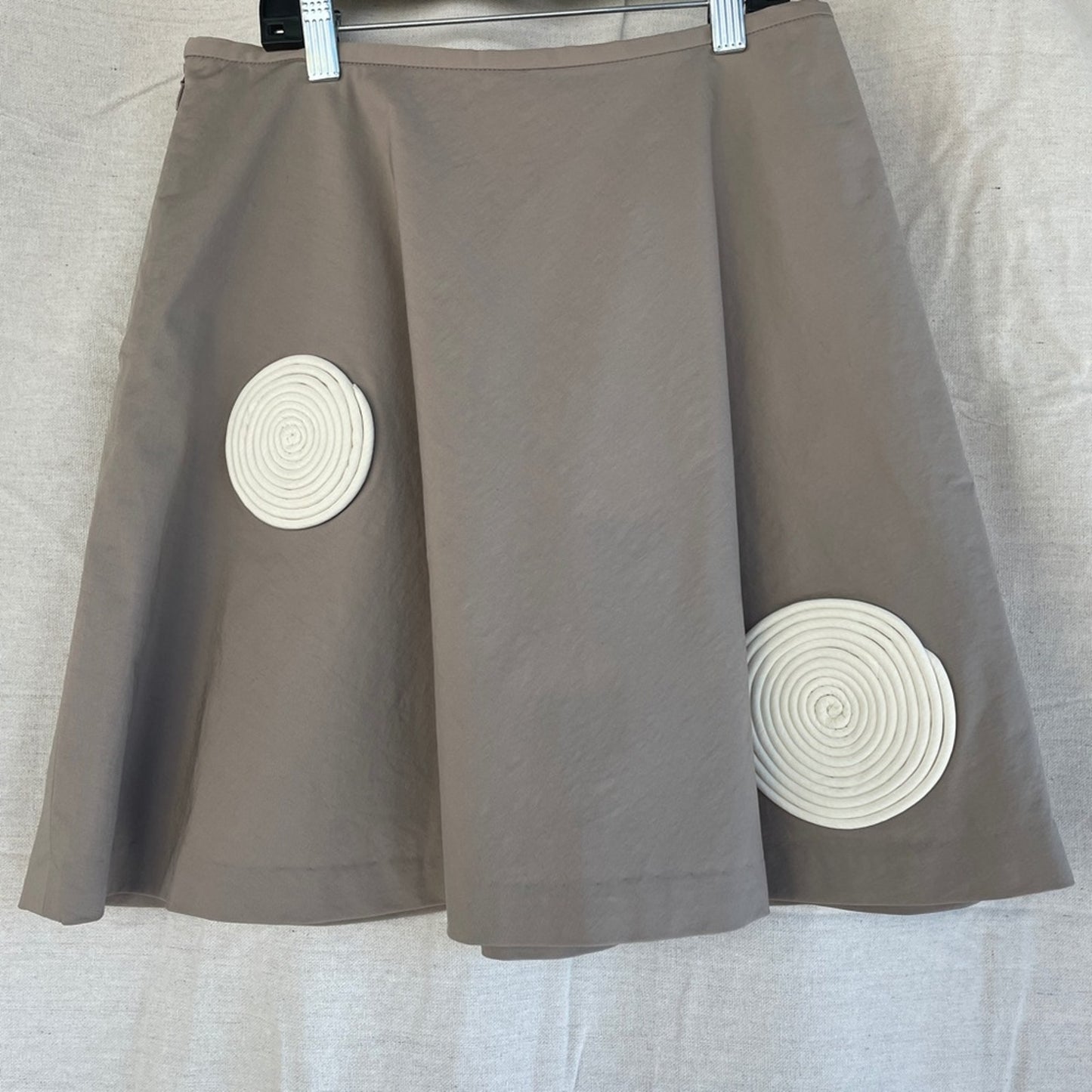 Lee Em Jeong New York Tan Nylon A-line Skirt with Hand Appliqué Cord Circles