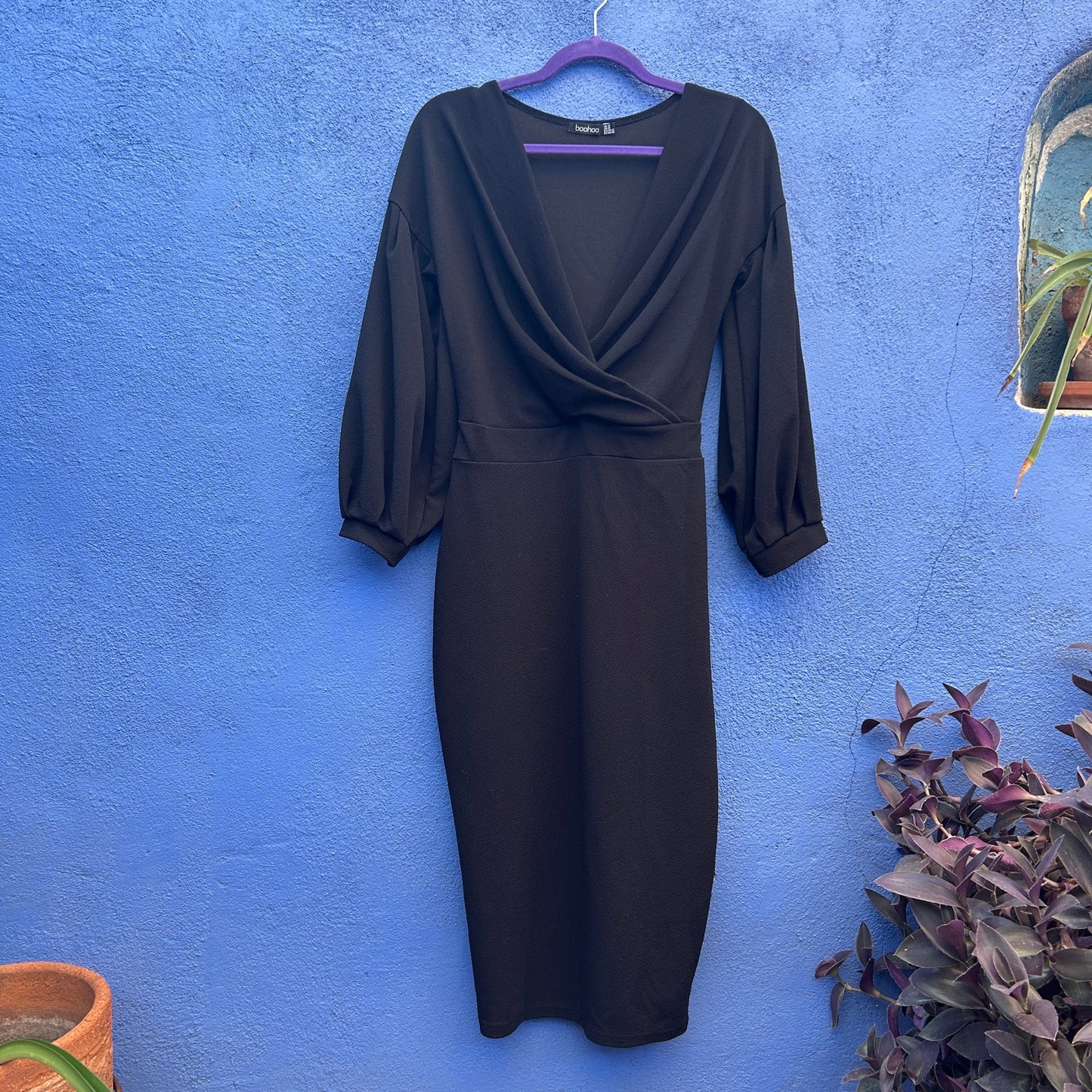 boohoo surplice poof sleeve midi dress