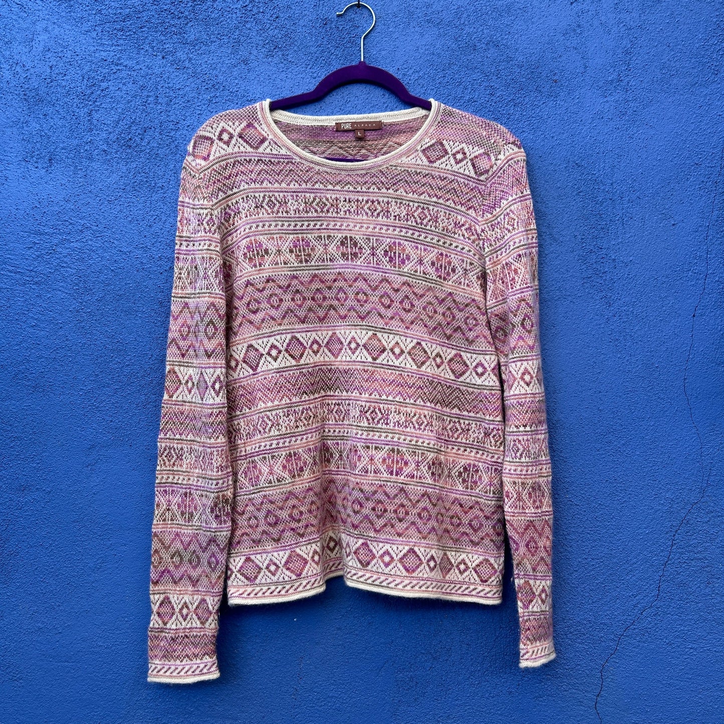 pure alpaca pink multi patterned knit sweater