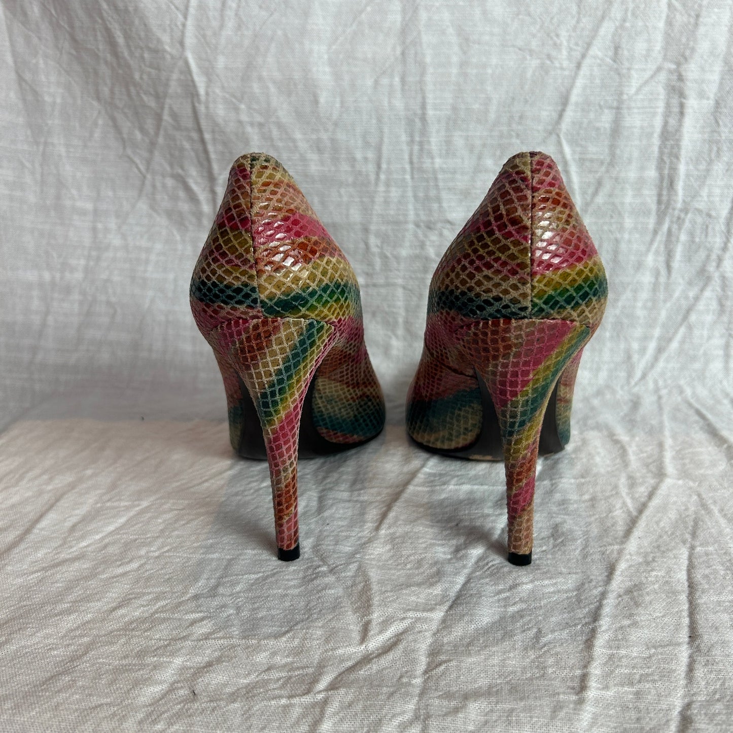 stuart weitzman rainbow snakeskin round toe pumps