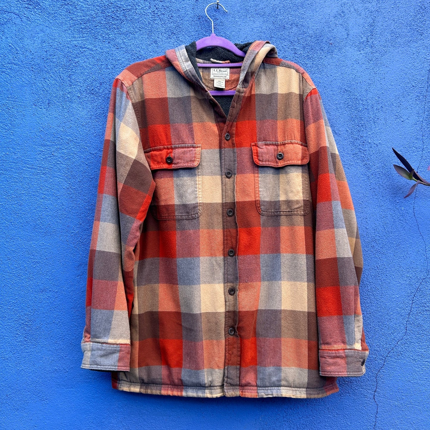 vintage ll bean plaid fleece lined hooded button up