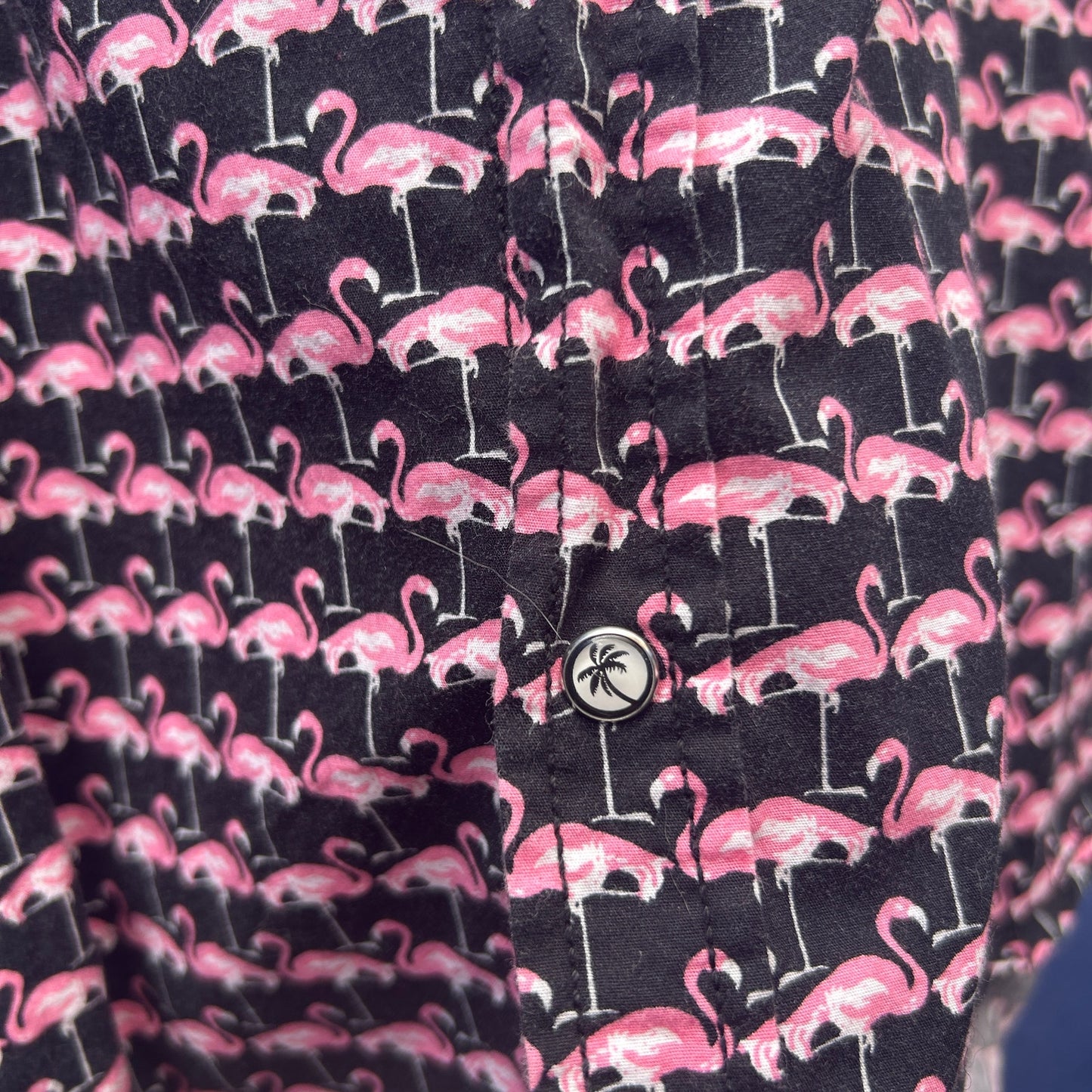 good vibes slim fitting pink flamingo short sleeve button up