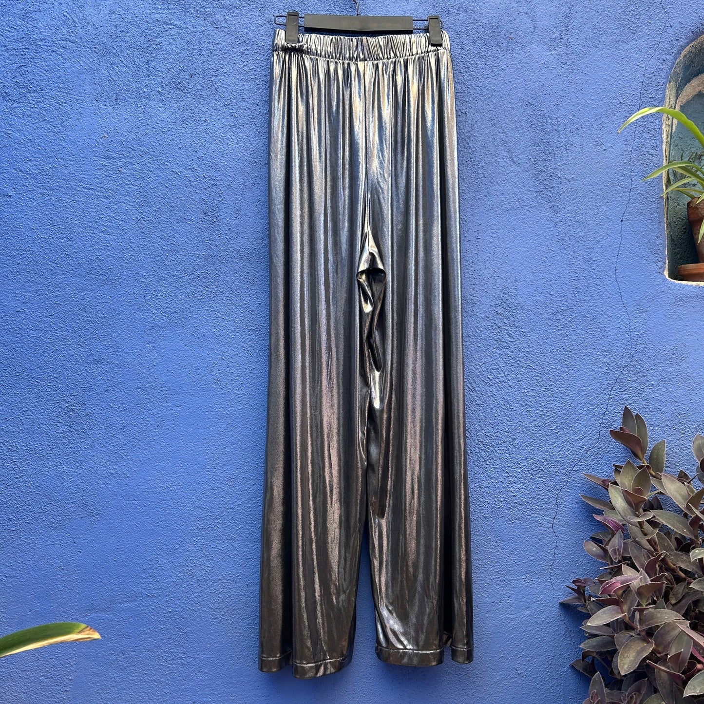 american apparel metallic silver wide leg pant