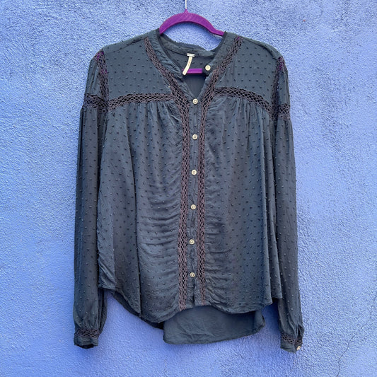 free people dark teal swiss dot rayon button up peasant top