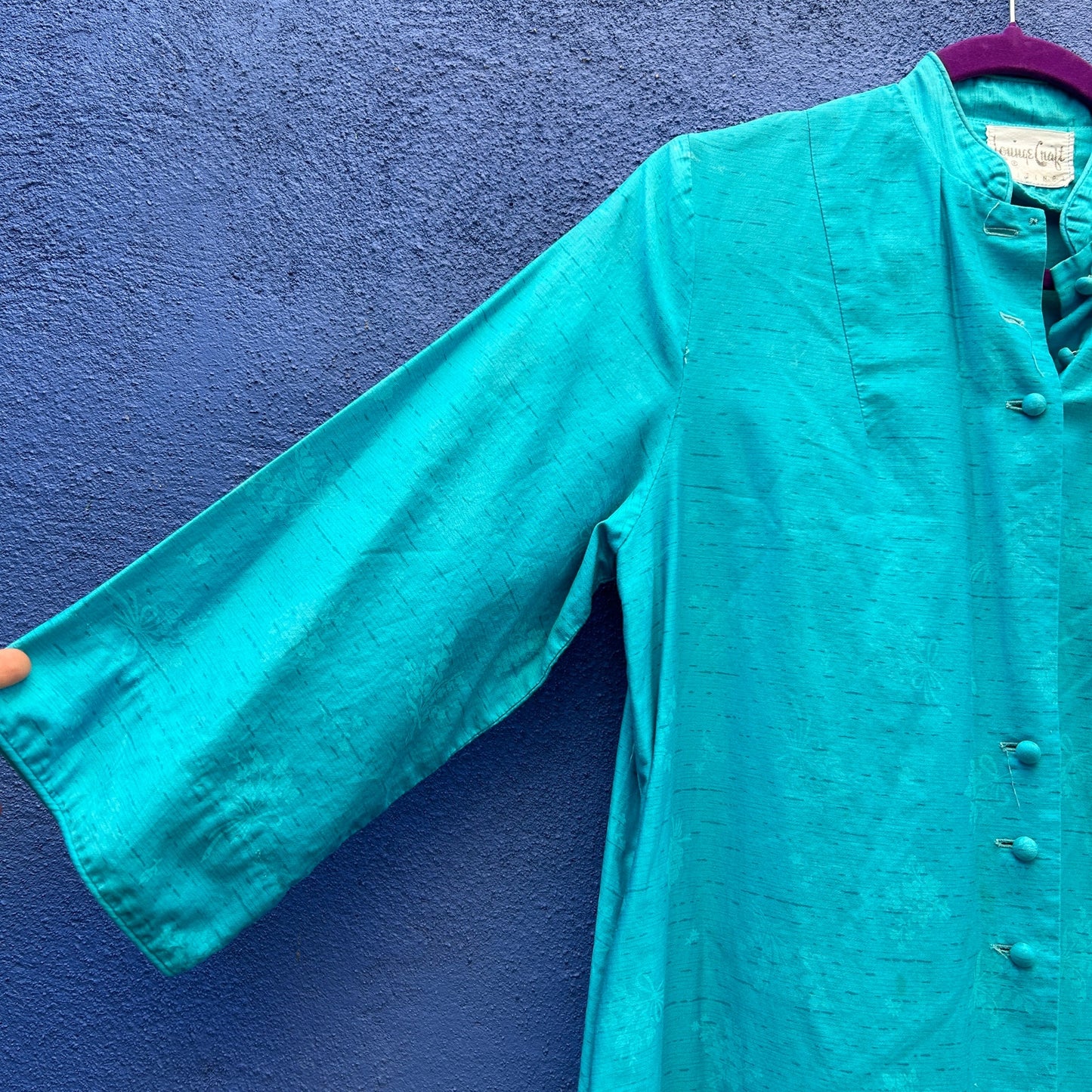 Vintage 60s Lounge Craft Turquoise Silk Blend Duster Robe