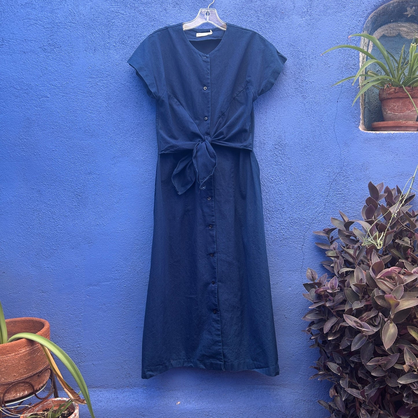 micaela greg navy cotton button and tie front dress