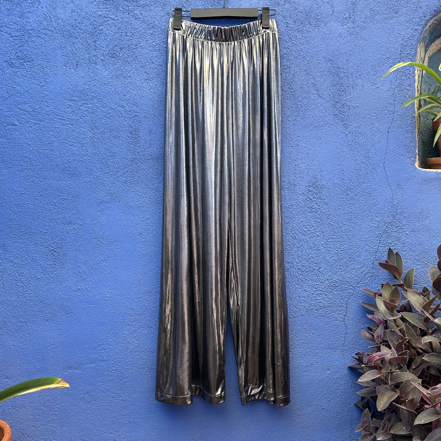 american apparel metallic silver wide leg pant