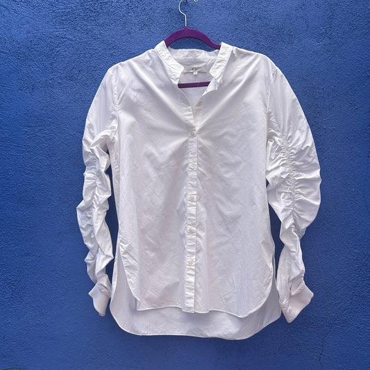 tibi white cotton ruched sleeve button up