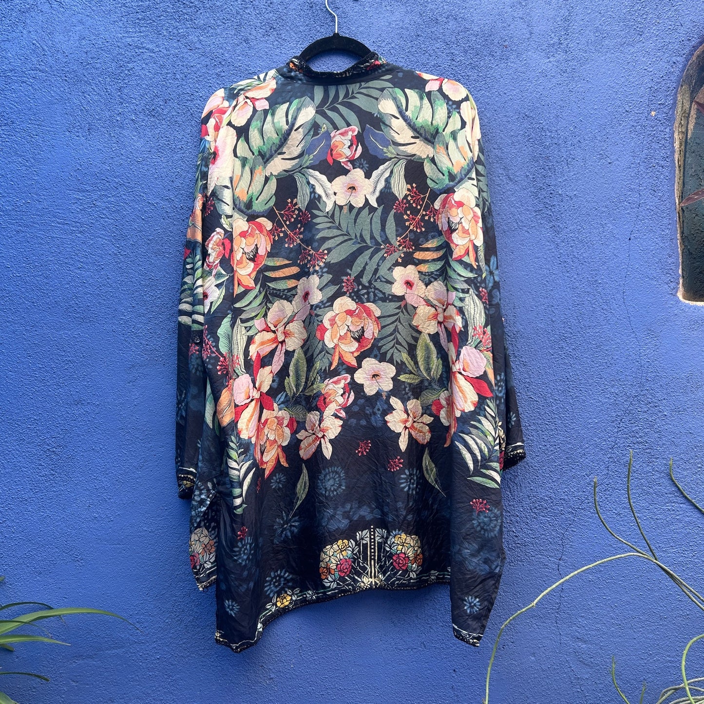 johnny was floral print silk button front tunic