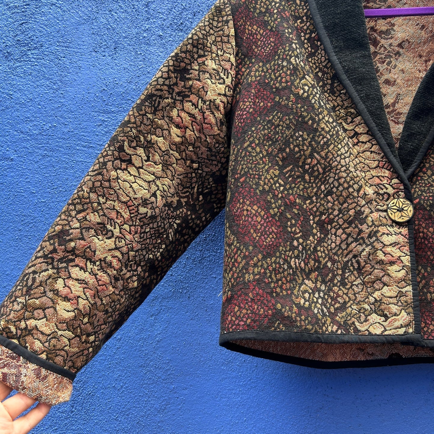 vintage 80s new identity cropped mixed print tapestry jacket