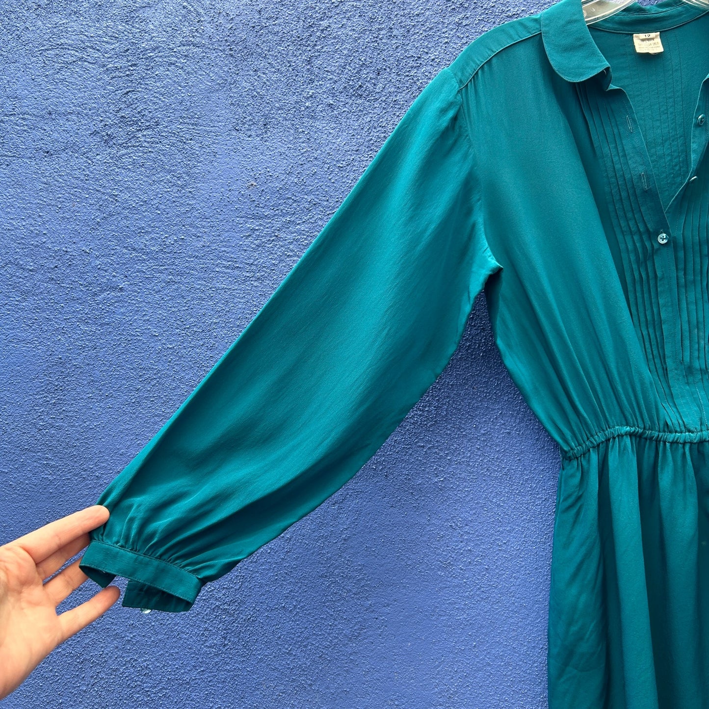 vintage teal silk pintucked midi dress