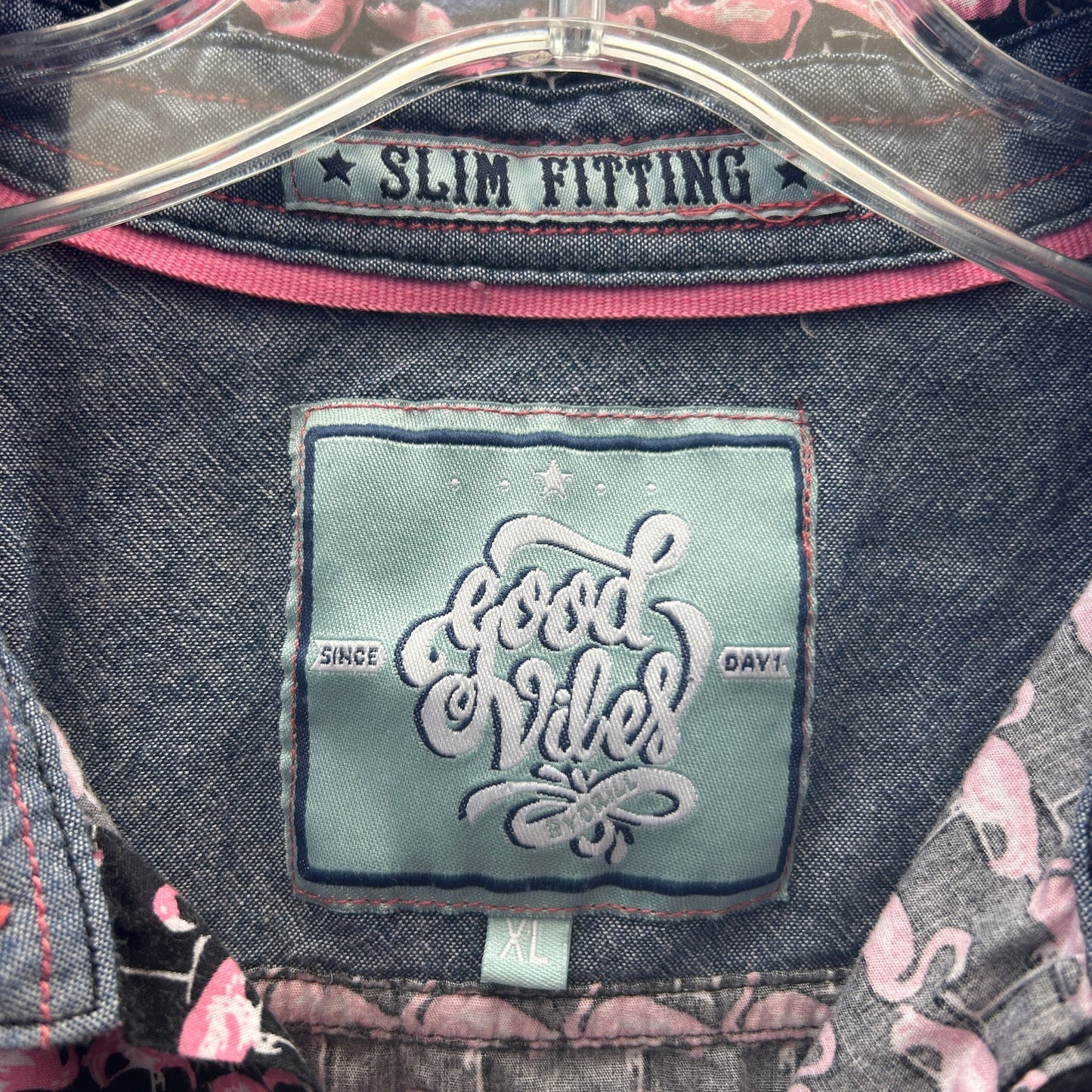 good vibes slim fitting pink flamingo short sleeve button up